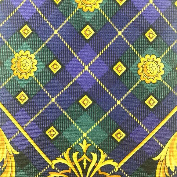 Vintage Versace Tie Mens Silk Purple Gold Plaid Baroque Print Necktie Designer - Picture 8 of 13